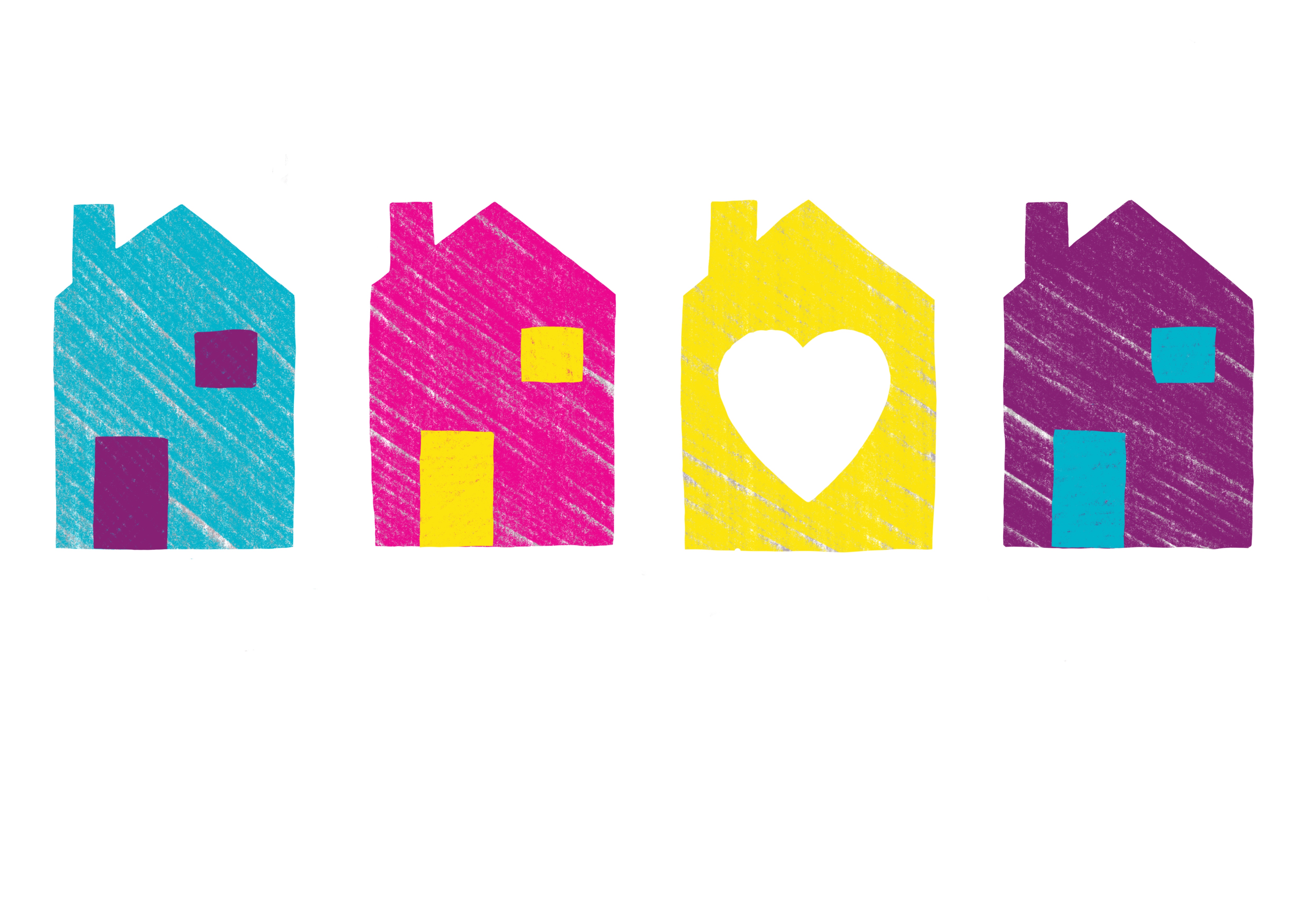 Good Neighbour Logo houses in blue, pink, yellow and purple