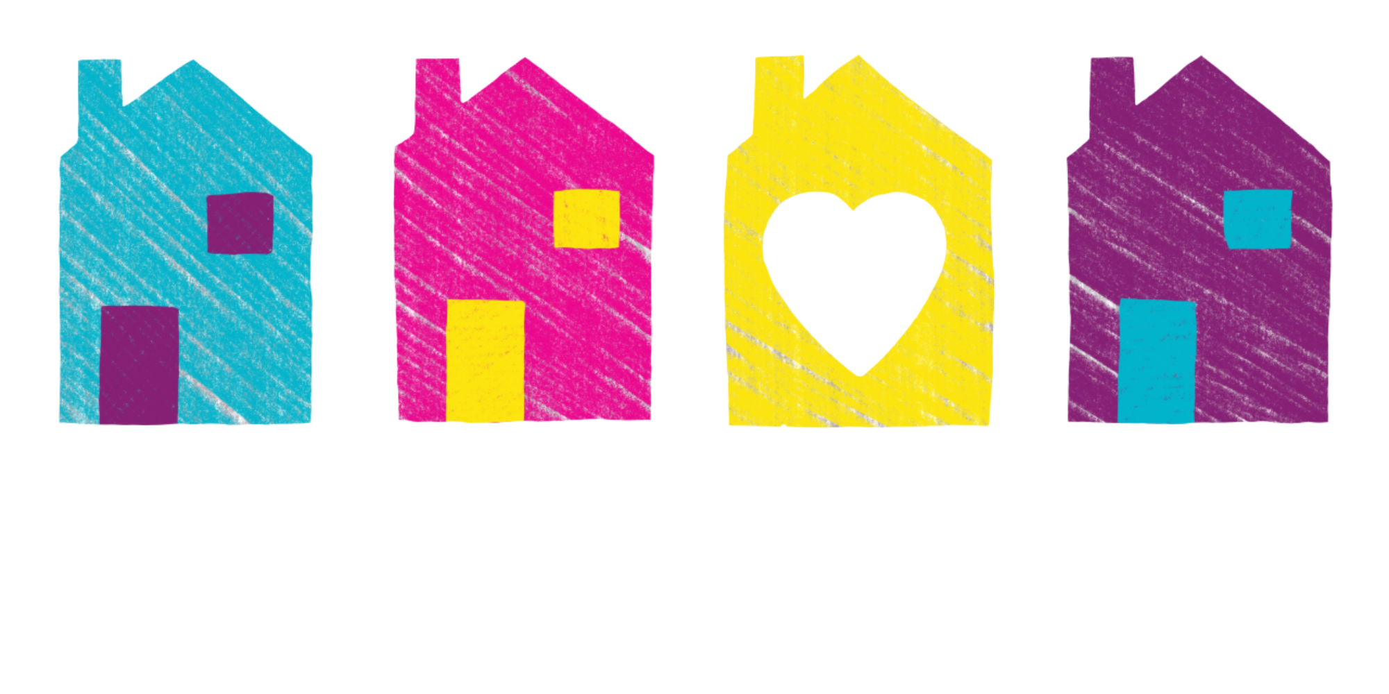 Good Neighbour Logo houses in blue, pink, yellow and purple
