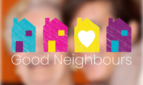 An image of the Good Neighbour logo which is a row is drawn houses one with a heart instead of windows overlayed on a photo of an older and younger woman smiling, their heads touching.