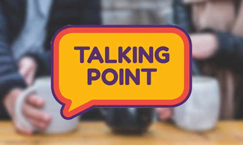 The talking point logo which is a vintage style speech bubble overlayed on a blurred image of two people sharing tea from a pot